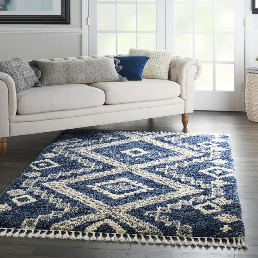 Denim Blue And Ivory Geometric Shag Non Skid Area Rug With Fringe Photo 5
