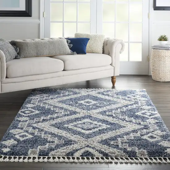 Denim Blue And Ivory Geometric Shag Non Skid Area Rug With Fringe Photo 3