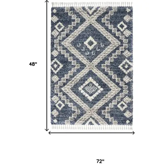 Denim Blue And Ivory Geometric Shag Non Skid Area Rug With Fringe Photo 3