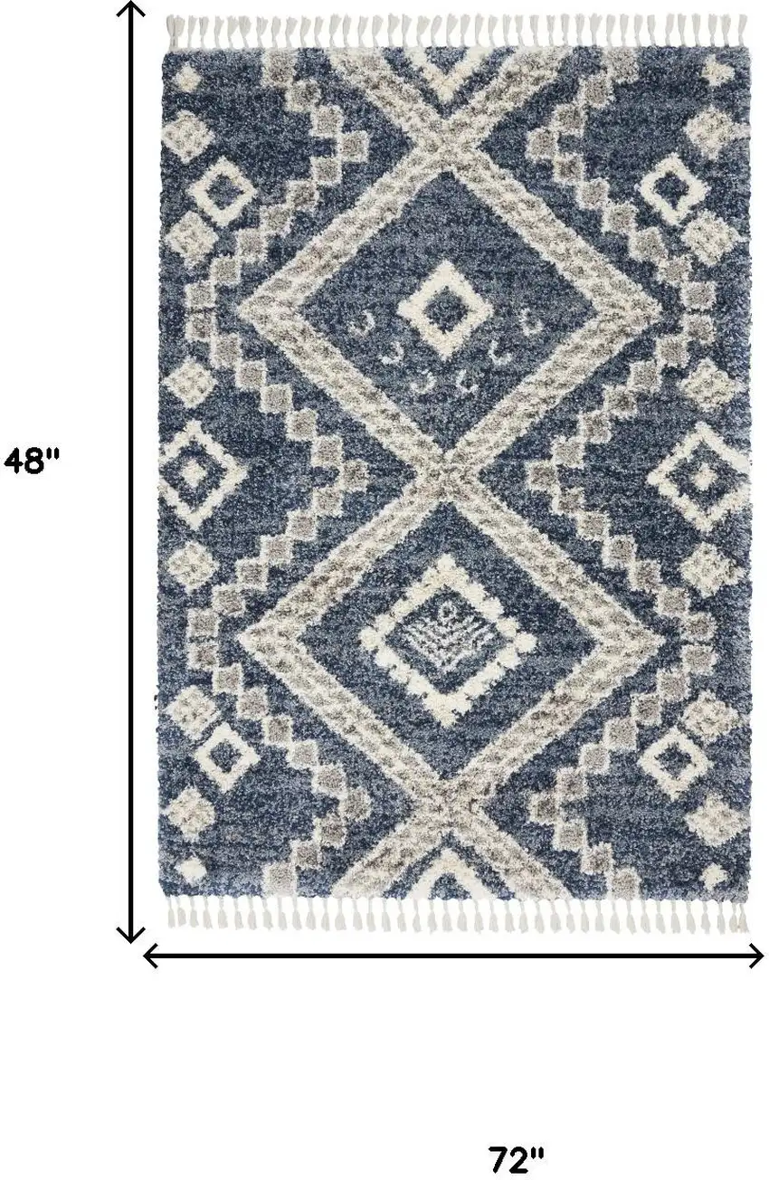 Denim Blue And Ivory Geometric Shag Non Skid Area Rug With Fringe Photo 3