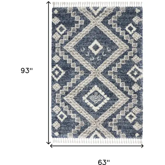 Denim Blue And Ivory Geometric Shag Non Skid Area Rug Photo 3