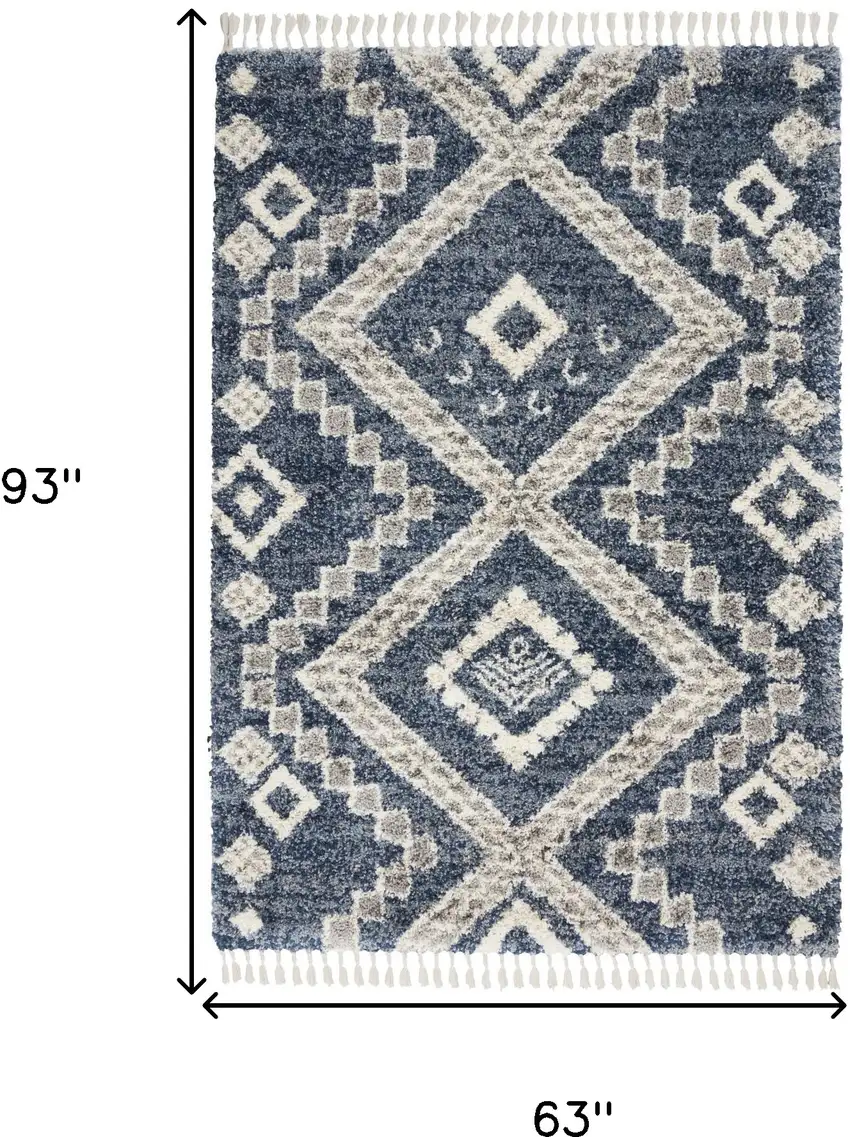 Denim Blue And Ivory Geometric Shag Non Skid Area Rug Photo 3