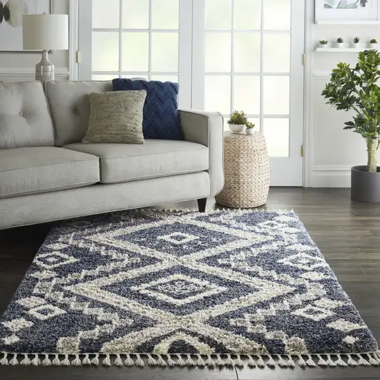 Denim Blue And Ivory Geometric Shag Non Skid Area Rug Photo 3