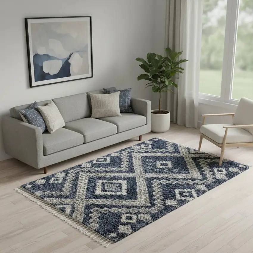 Denim Blue And Ivory Geometric Shag Non Skid Area Rug Photo 1