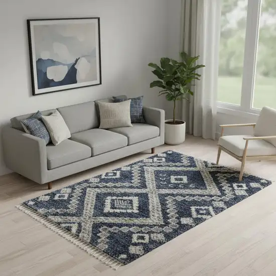 Denim Blue And Ivory Geometric Shag Non Skid Area Rug Photo 1