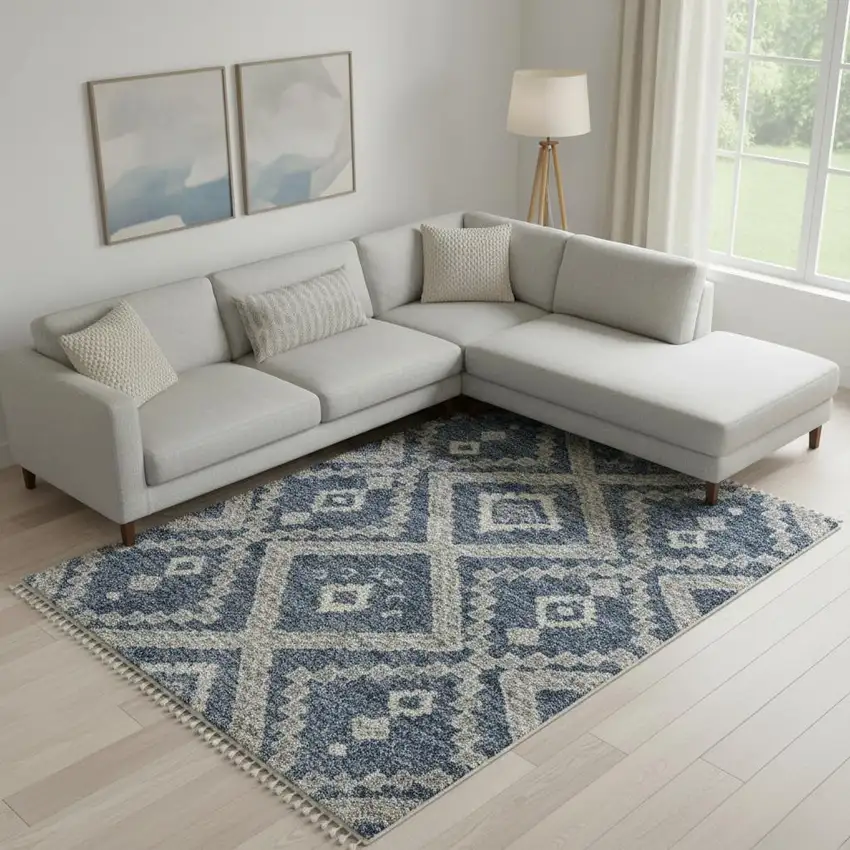 Denim Blue And Ivory Geometric Shag Non Skid Area Rug Photo 1