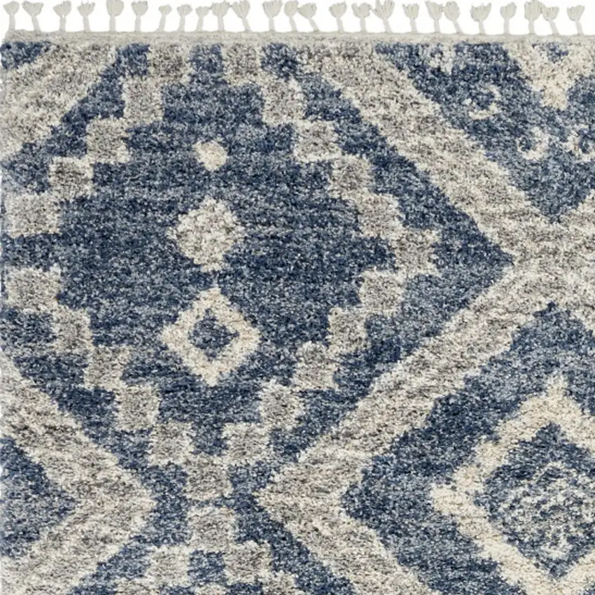 Denim Blue And Ivory Geometric Shag Non Skid Area Rug Photo 9