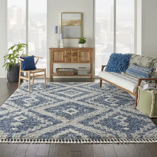 Denim Blue And Ivory Geometric Shag Non Skid Area Rug Photo 4