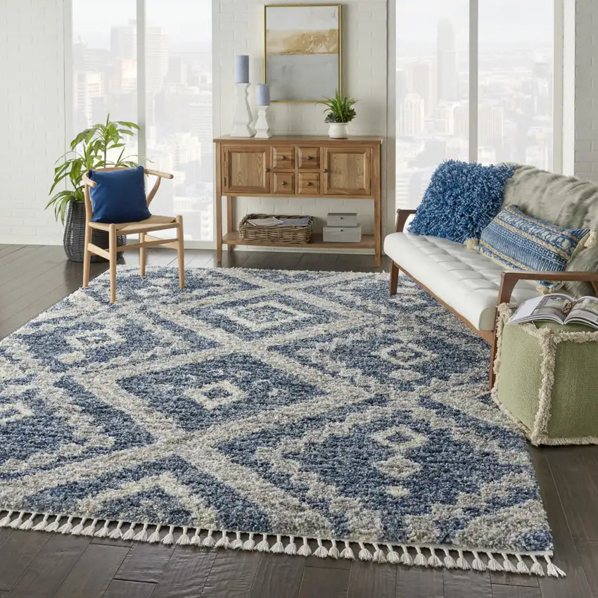 Denim Blue And Ivory Geometric Shag Non Skid Area Rug Photo 6