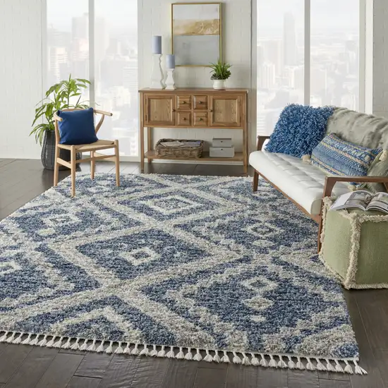 Denim Blue And Ivory Geometric Shag Non Skid Area Rug Photo 6