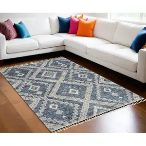 Photo of Denim Blue And Ivory Geometric Shag Non Skid Area Rug