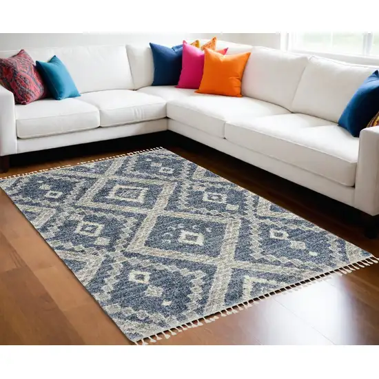 Denim Blue And Ivory Geometric Shag Non Skid Area Rug Photo 1