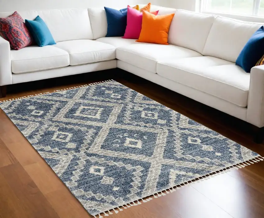Denim Blue And Ivory Geometric Shag Non Skid Area Rug Photo 1