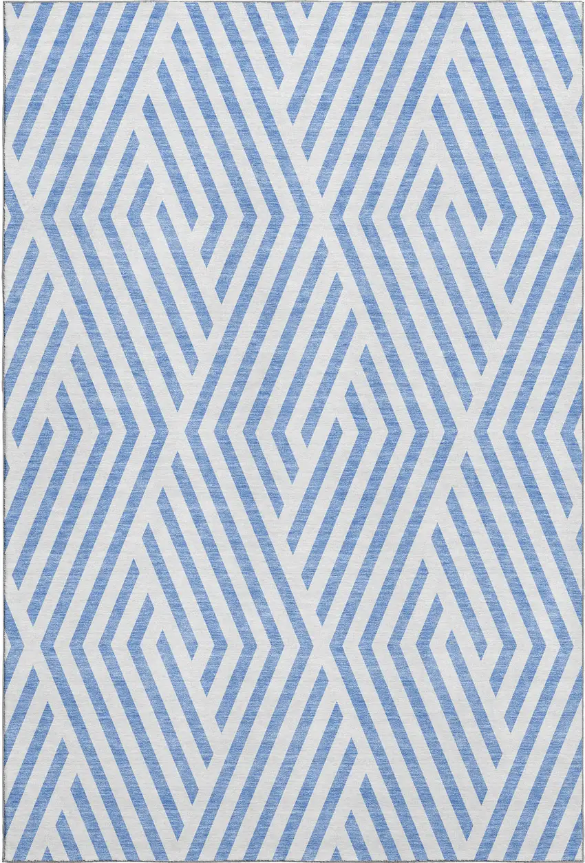 Denim Blue And Ivory Geometric Washable Area Rug With UV Protection Photo 6