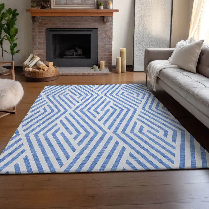 Denim Blue And Ivory Geometric Washable Area Rug With UV Protection Photo 5