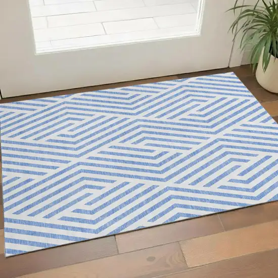 Denim Blue And Ivory Geometric Washable Area Rug With UV Protection Photo 1