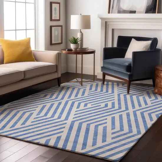 Denim Blue And Ivory Geometric Washable Area Rug With UV Protection Photo 4