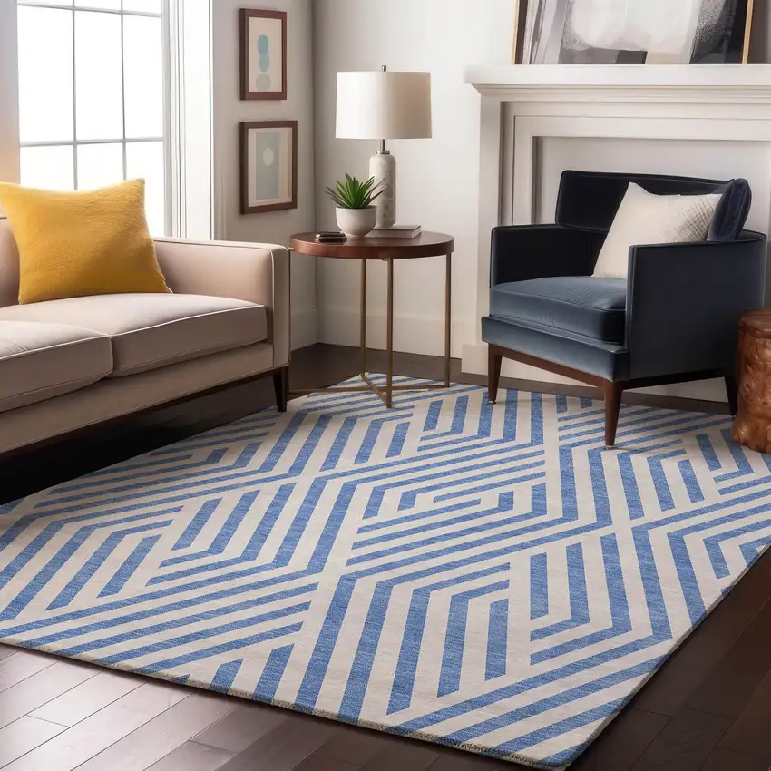 Denim Blue And Ivory Geometric Washable Area Rug With UV Protection Photo 4