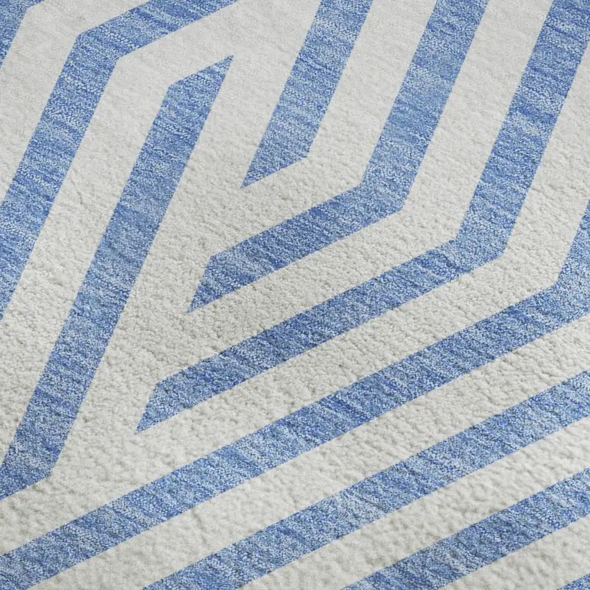 Denim Blue And Ivory Geometric Washable Area Rug With UV Protection Photo 3