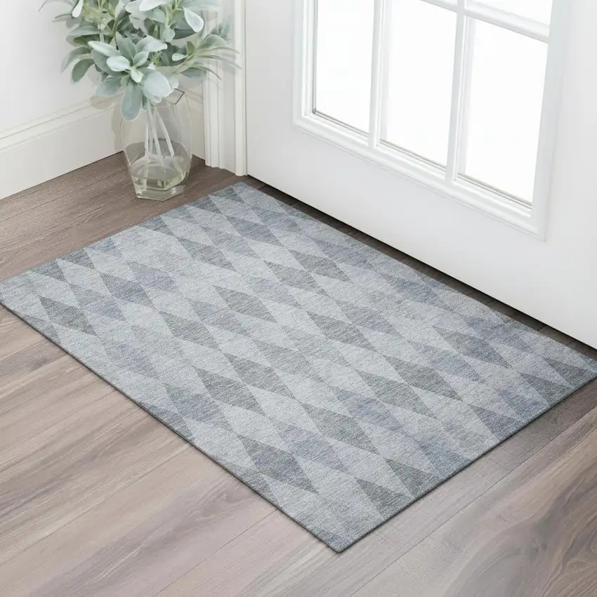 Denim Blue And Ivory Geometric Washable Area Rug With UV Protection Photo 1