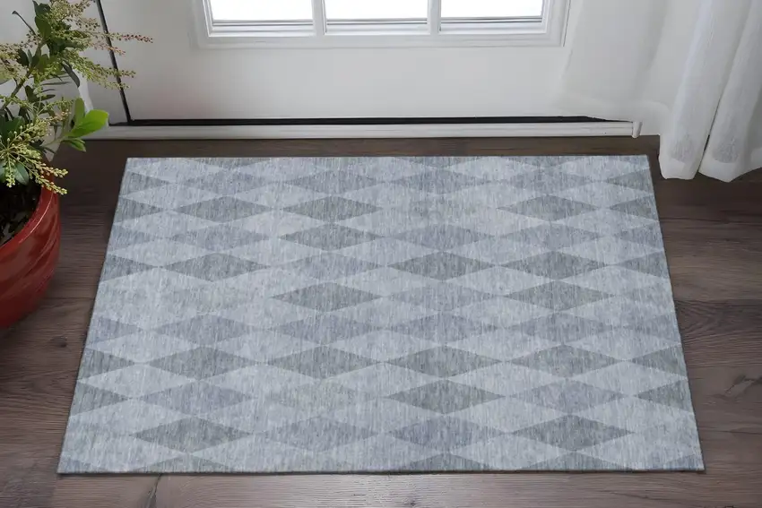 Denim Blue And Ivory Geometric Washable Area Rug With UV Protection Photo 2
