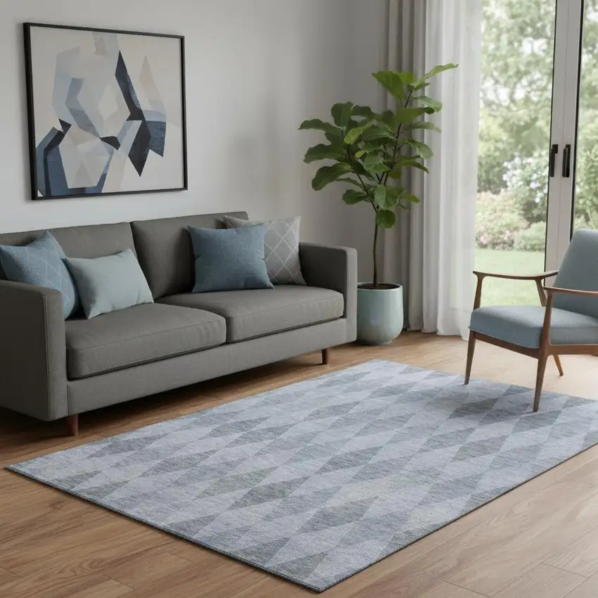 Denim Blue And Ivory Geometric Washable Area Rug With UV Protection Photo 1