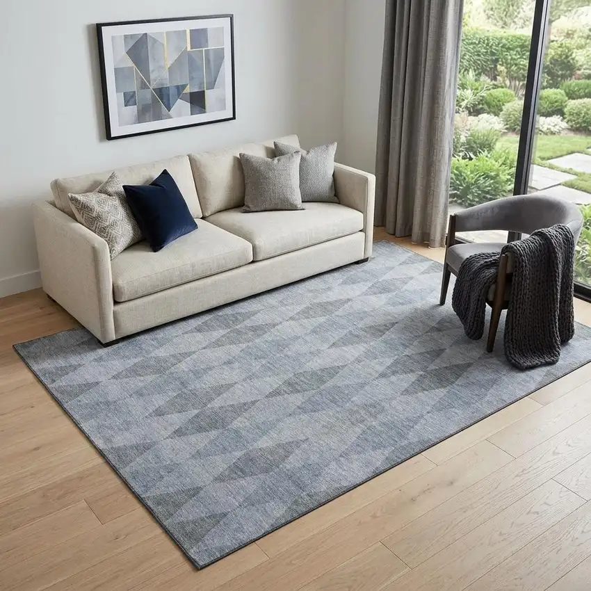 Denim Blue And Ivory Geometric Washable Area Rug With UV Protection Photo 1