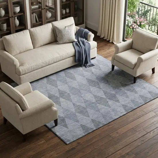 Denim Blue And Ivory Geometric Washable Area Rug With UV Protection Photo 1