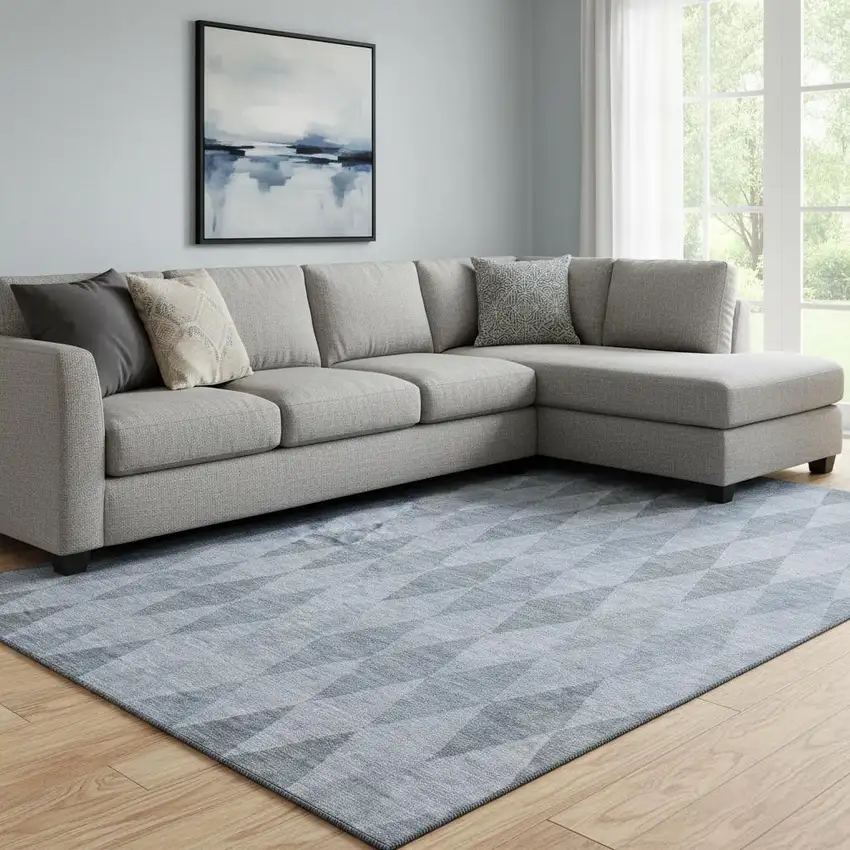 Denim Blue And Ivory Geometric Washable Area Rug With UV Protection Photo 1