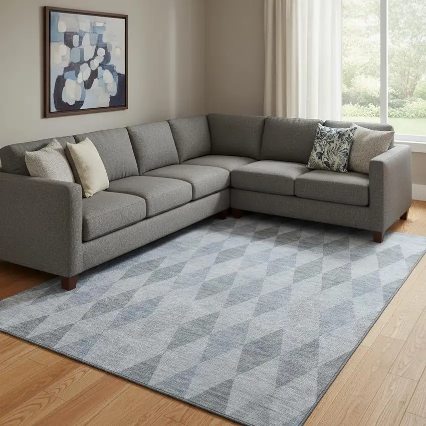 Denim Blue And Ivory Geometric Washable Area Rug With UV Protection Photo 1