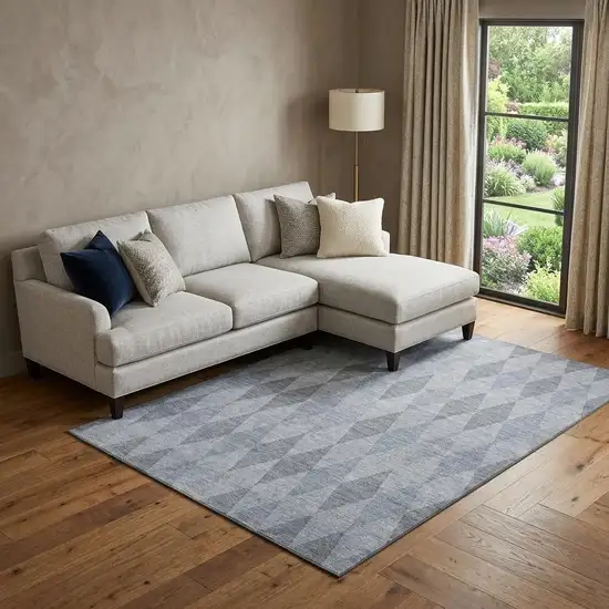 Denim Blue And Ivory Geometric Washable Area Rug With UV Protection Photo 1
