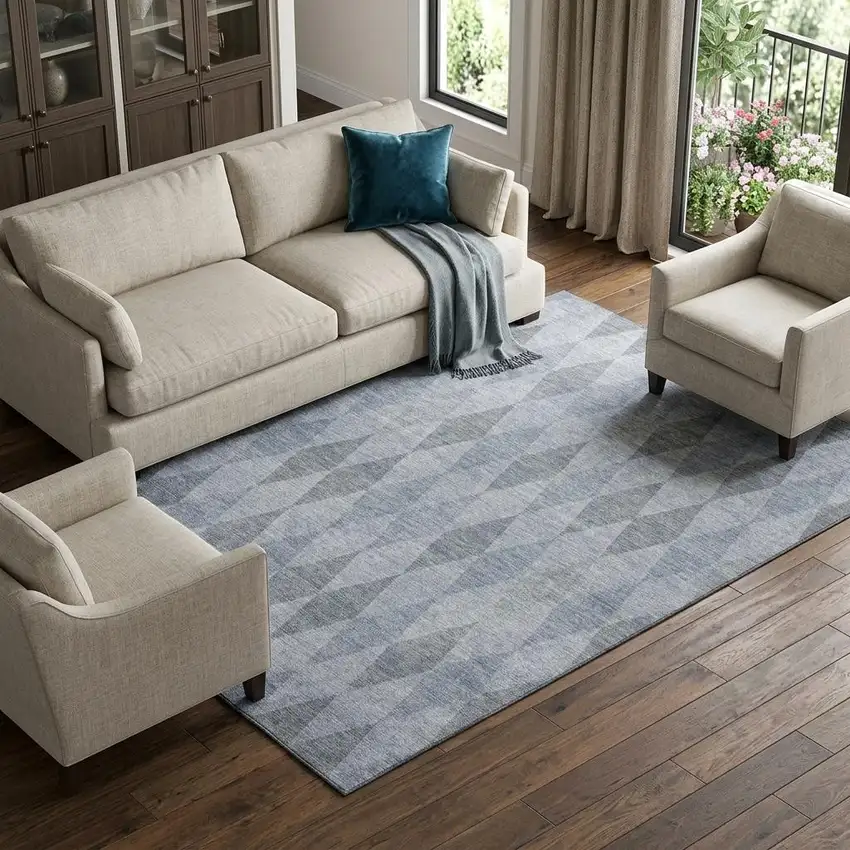 Denim Blue And Ivory Geometric Washable Area Rug With UV Protection Photo 1