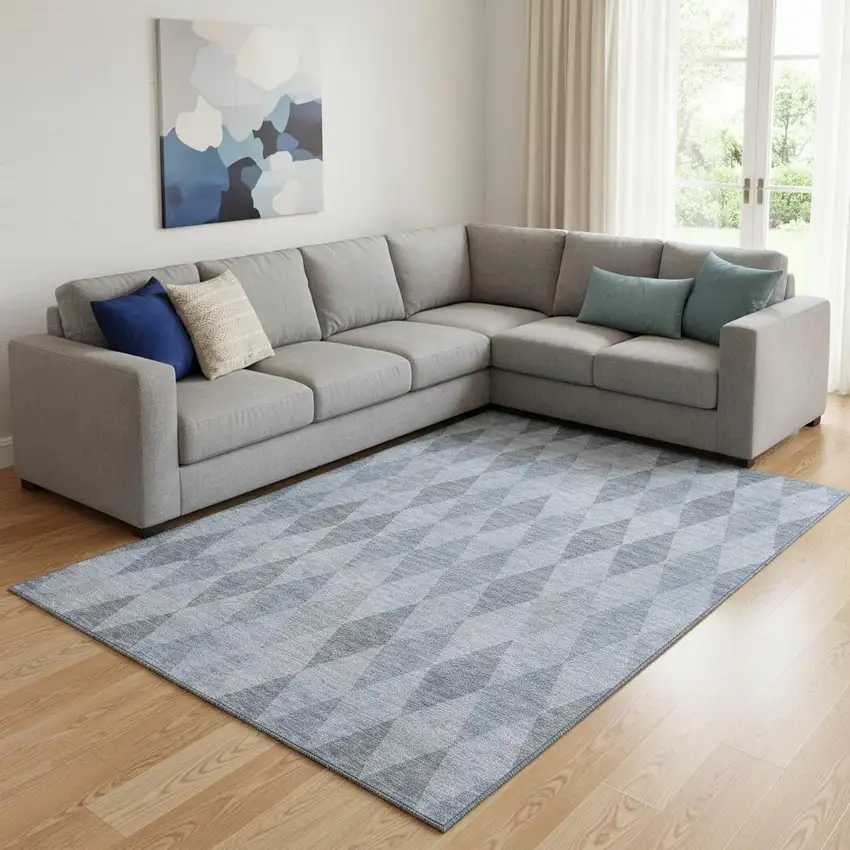 Denim Blue And Ivory Geometric Washable Area Rug With UV Protection Photo 1