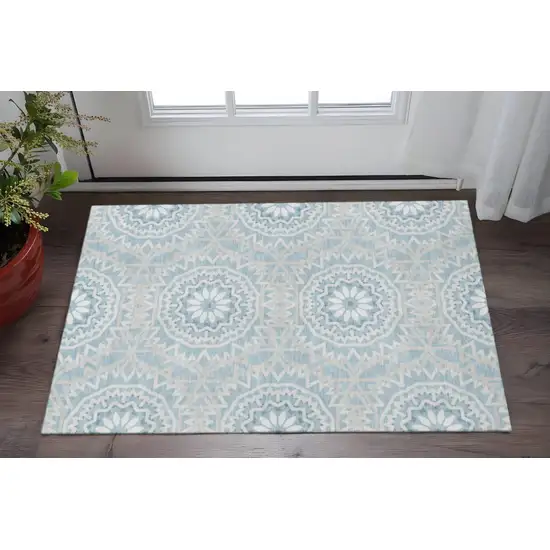 Denim Blue And Ivory Geometric Washable Area Rug With UV Protection Photo 2