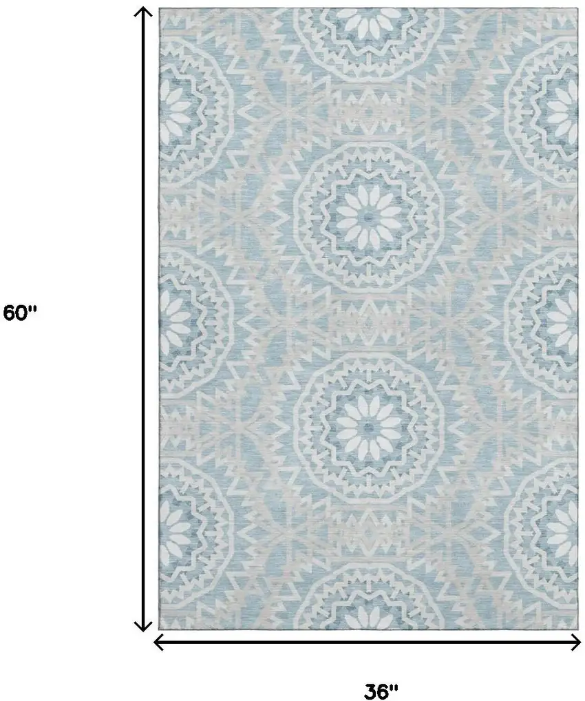 Denim Blue And Ivory Geometric Washable Area Rug With UV Protection Photo 3