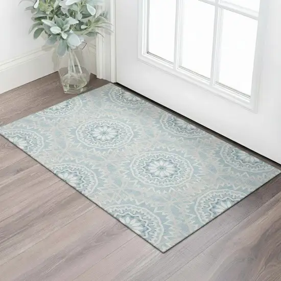 Denim Blue And Ivory Geometric Washable Area Rug With UV Protection Photo 1