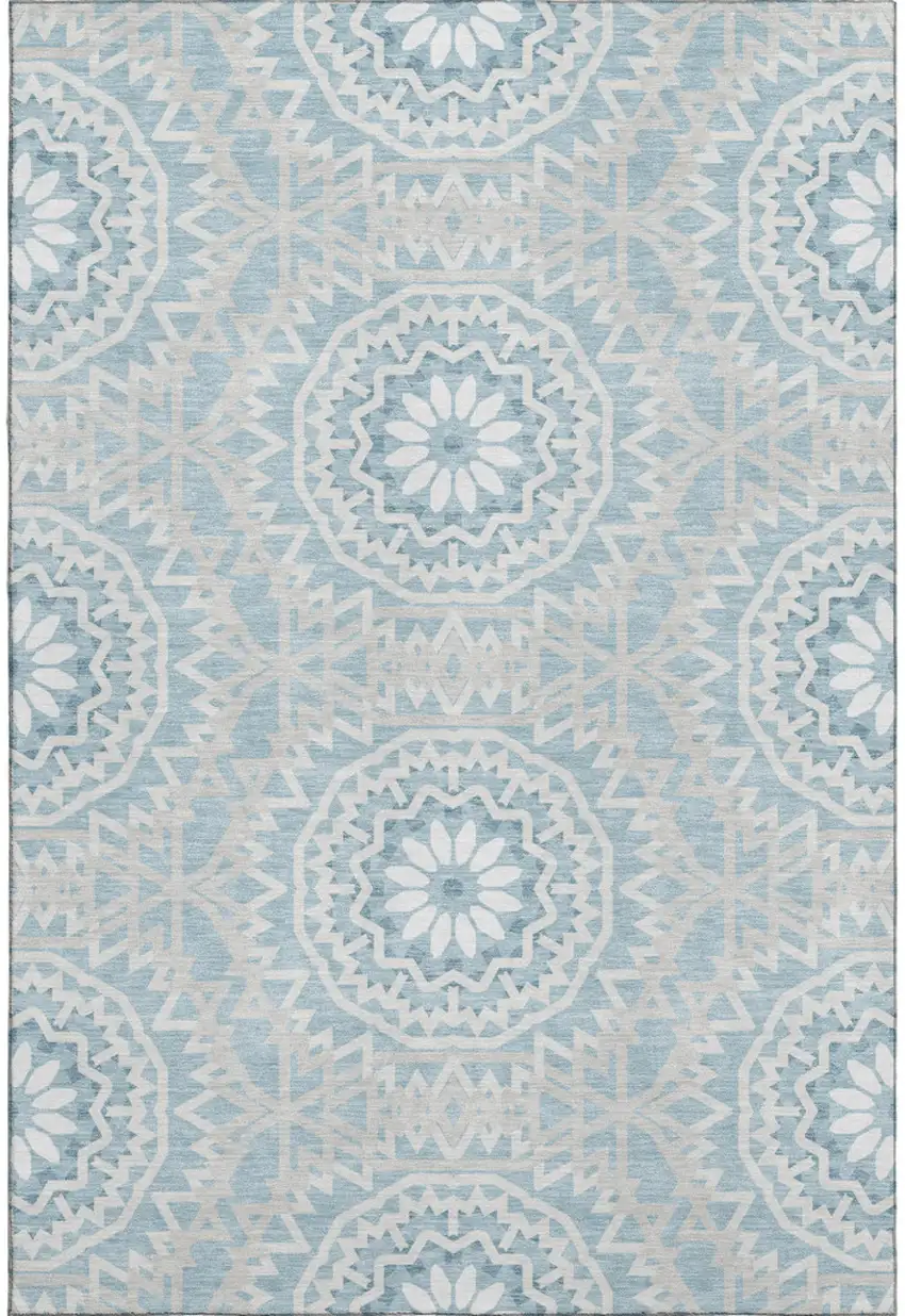 Denim Blue And Ivory Geometric Washable Area Rug With UV Protection Photo 1