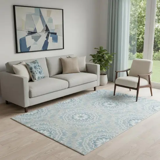 Denim Blue And Ivory Geometric Washable Area Rug With UV Protection Photo 1