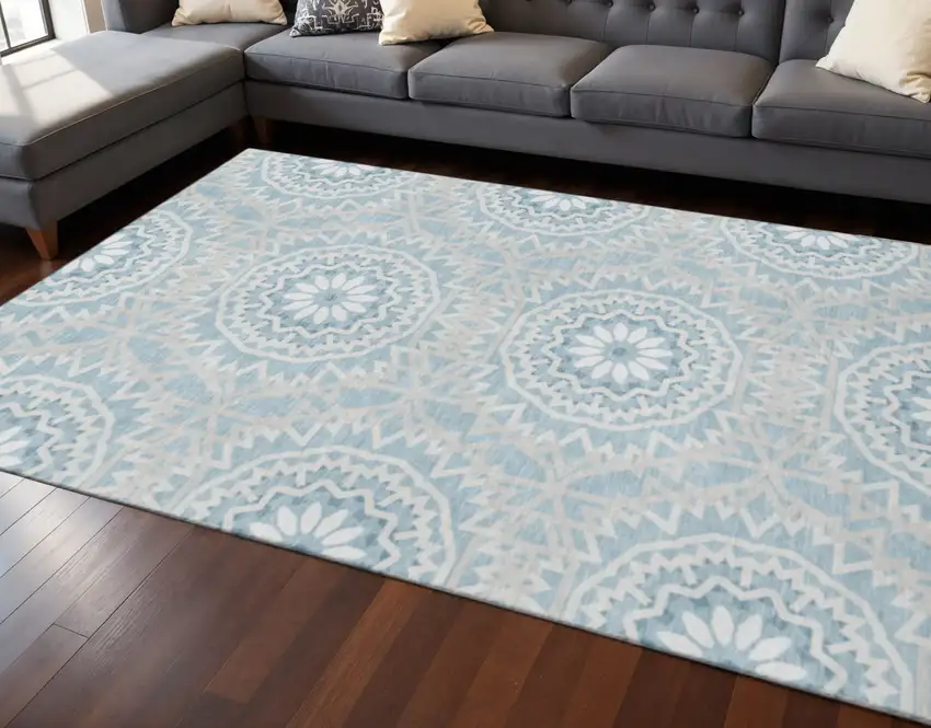 Denim Blue And Ivory Geometric Washable Area Rug With UV Protection Photo 2