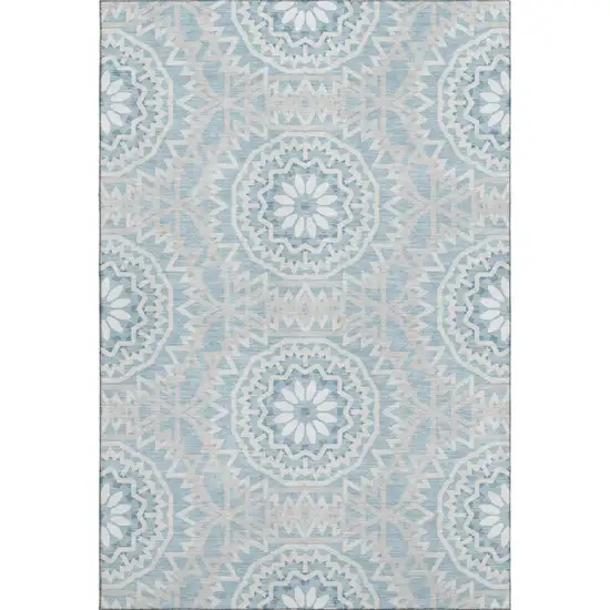 Denim Blue And Ivory Geometric Washable Area Rug With UV Protection Photo 1