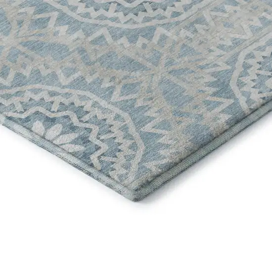 Denim Blue And Ivory Geometric Washable Area Rug With UV Protection Photo 8