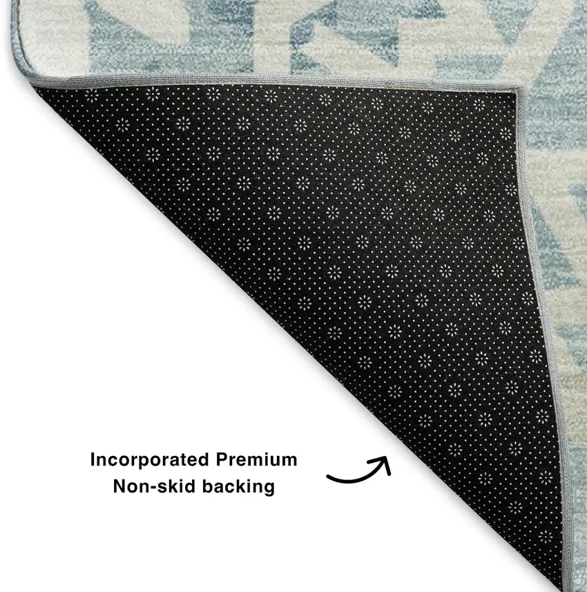 Denim Blue And Ivory Geometric Washable Area Rug With UV Protection Photo 7
