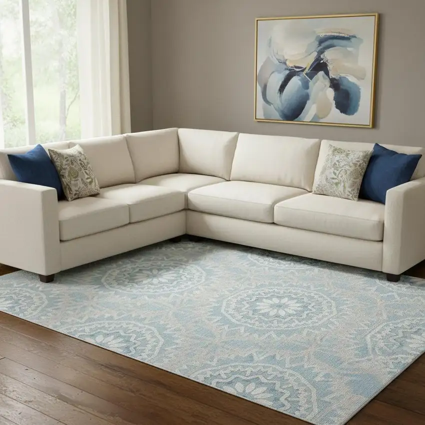 Denim Blue And Ivory Geometric Washable Area Rug With UV Protection Photo 1