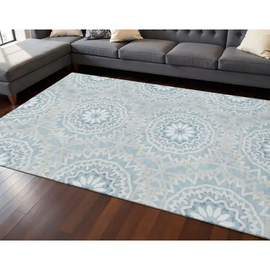 Denim Blue And Ivory Geometric Washable Area Rug With UV Protection Photo 2