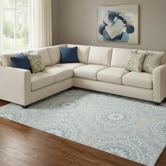 Denim Blue And Ivory Geometric Washable Area Rug With UV Protection Photo 1