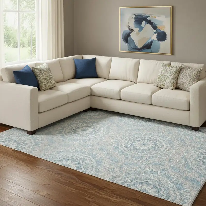 Denim Blue And Ivory Geometric Washable Area Rug With UV Protection Photo 1