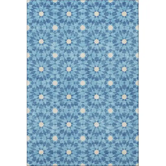 Denim Blue And Ivory Geometric Washable Area Rug With UV Protection Photo 4