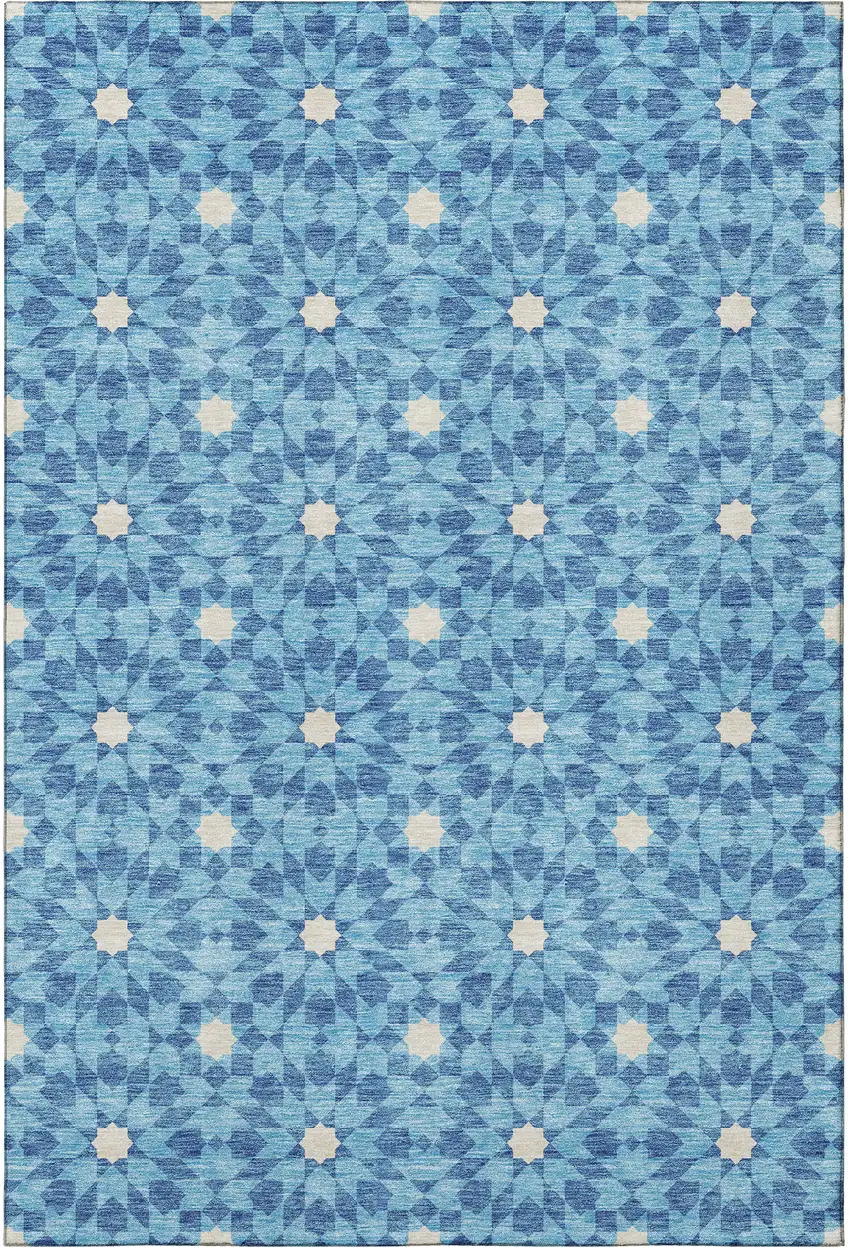 Denim Blue And Ivory Geometric Washable Area Rug With UV Protection Photo 4