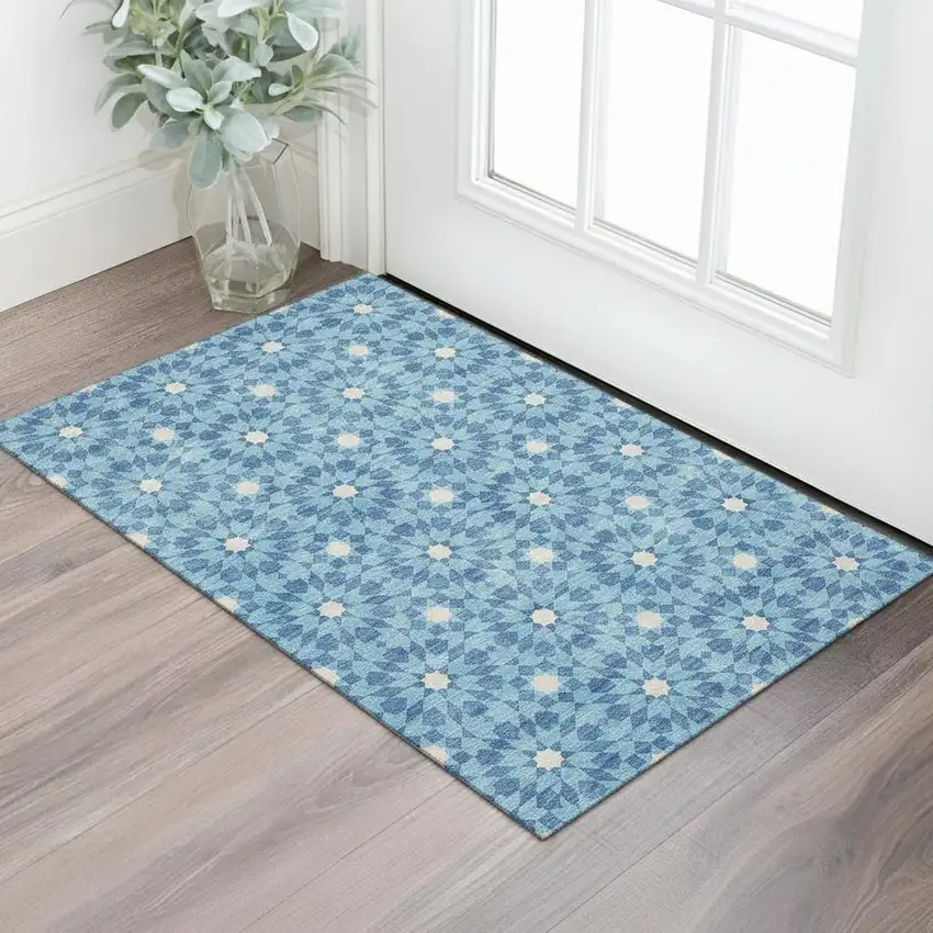 Denim Blue And Ivory Geometric Washable Area Rug With UV Protection Photo 1