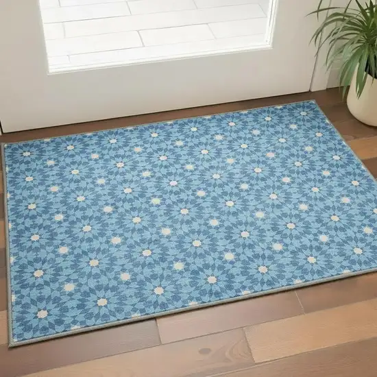 Denim Blue And Ivory Geometric Washable Area Rug With UV Protection Photo 2